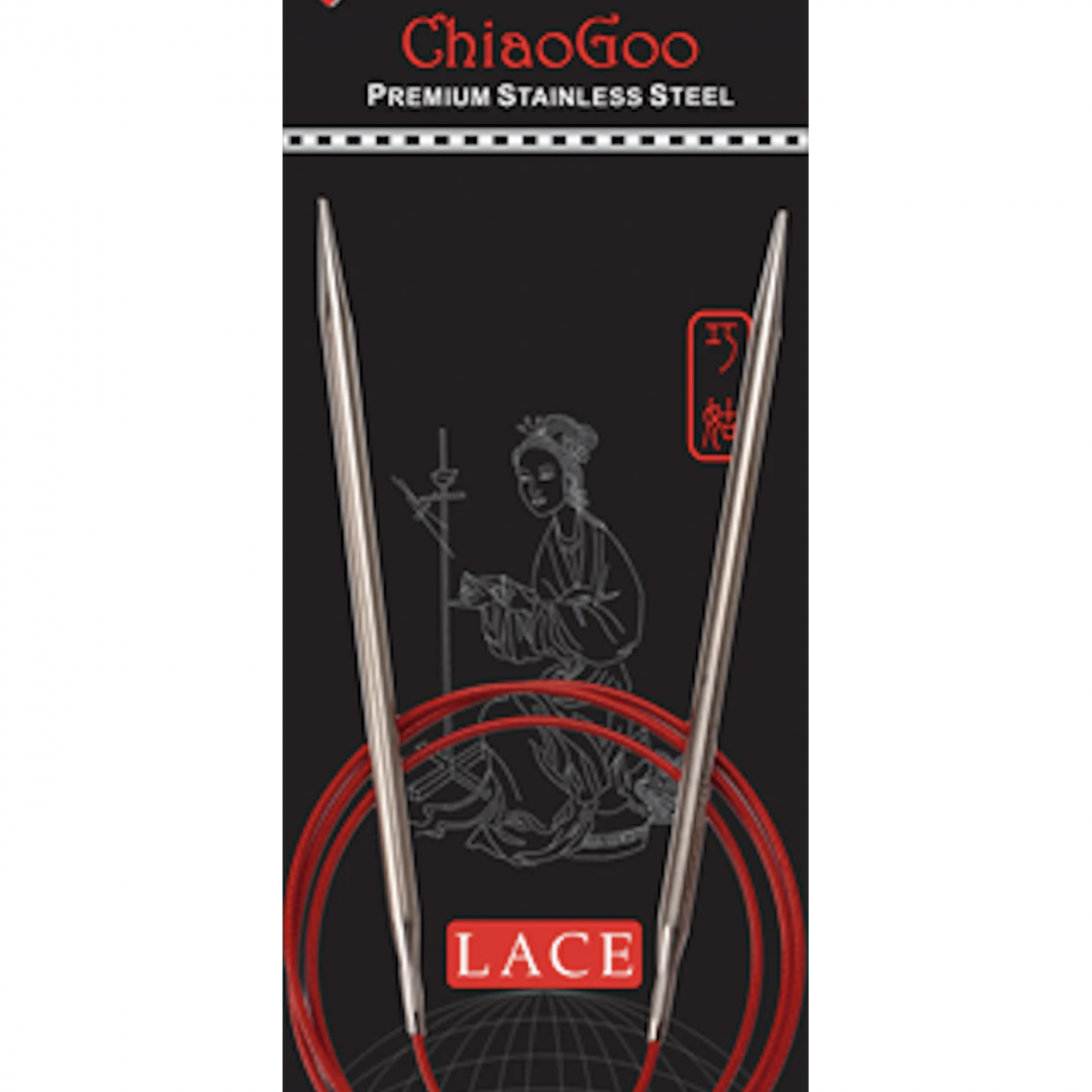 ChiaoGoo red LACE plieniniai virbalai su valu, 80 cm ChiaoGoo red LACE plieniniai virbalai su valu, 80 cm